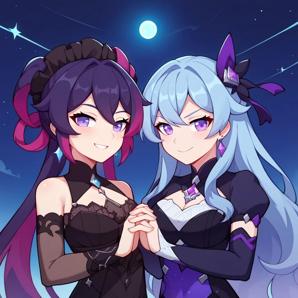 Magic Warrior, purple and blue hair, anime girl in sexy costume posing in front of full moon, two beautiful anime girls, anime girl, nightcore, anime style 4K, best anime 4K Konachan wallpaper, two pure moons, twin tails, ultra hd anime wallpaper, 4k anime wallpaper --auto --s2