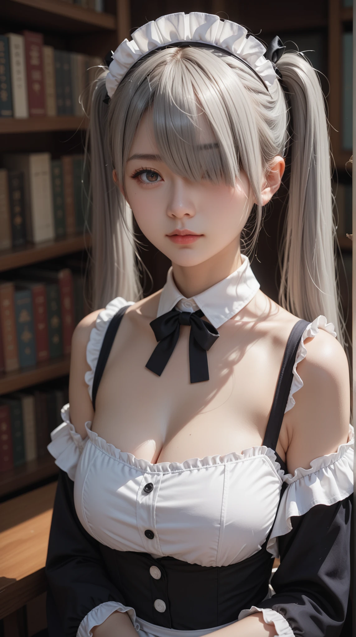 Score_9, Score_8_up, Score_7_up, 1girl, solo, young girl, emotionless, looking at viewer, upper body, (long hair, gray hair, twin ponytails, hair cover one eye, bangs:1.3), big breasts, cleavage, (maid uniform:1.3), sitting, library background, side view
