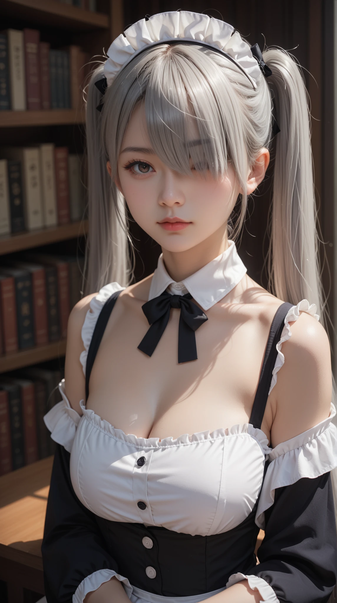 Score_9, Score_8_up, Score_7_up, 1girl, solo, young girl, emotionless, looking at viewer, upper body, (long hair, gray hair, twin ponytails, hair cover one eye, bangs:1.3), big breasts, cleavage, (maid uniform:1.3), sitting, library background, side view
