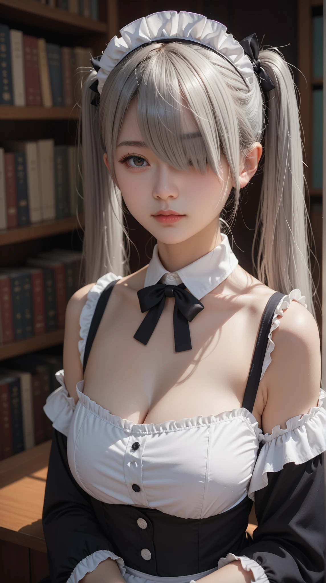 Score_9, Score_8_up, Score_7_up, 1girl, solo, young girl, emotionless, looking at viewer, upper body, (long hair, gray hair, twin ponytails, hair cover one eye, bangs:1.3), big breasts, cleavage, (maid uniform:1.3), sitting, library background, side view
