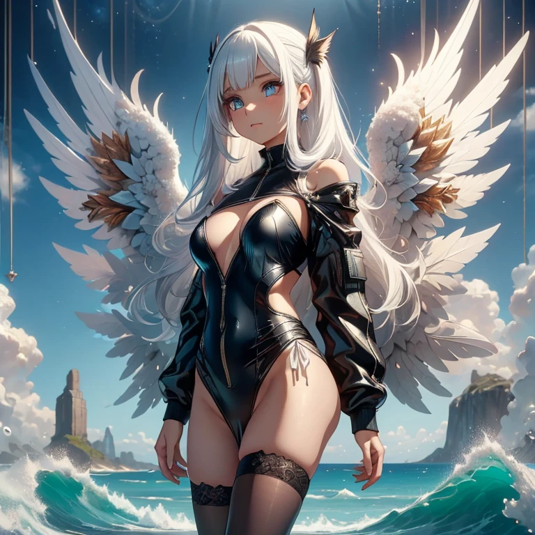 (perfect anatomy),(ultra detailed),(girl with wings),(Levitating), a girl with a pair of large wings that come out of her back,  her wings are black with red details , she has white hair,  medium hair sauna suit, ( shoulder-length hair ), Your eyes are blue, (surreal pupil ), ( prickly pupil ),  she wears a black bikini ,  black socks above the knees , with a flowing see-through skirt on top. (over the sea),( BLUE SKY IN THE BACKGROUND )