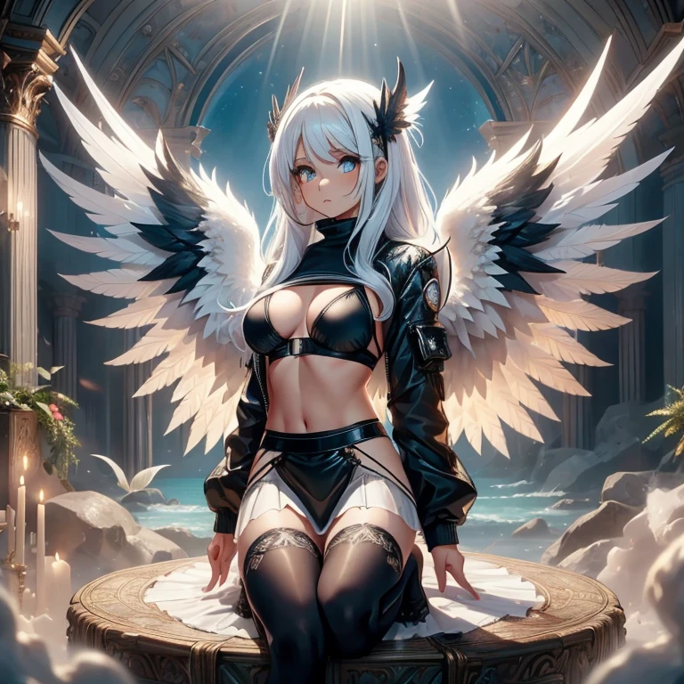 (perfect anatomy),(ultra detailed),(girl with wings),(Levitating), a girl with a pair of large wings that come out of her back,  her wings are black with red details , she has white hair,  medium hair sauna suit, ( shoulder-length hair ), Your eyes are blue, (surreal pupil ), ( prickly pupil ),  she wears a black bikini ,  black socks above the knees , with a flowing see-through skirt on top. (over the sea),( BLUE SKY IN THE BACKGROUND )