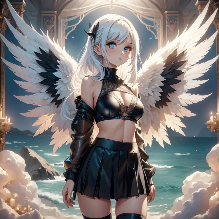 (perfect anatomy),(ultra detailed),(girl with wings),(Levitating), a girl with a pair of large wings that come out of her back,  her wings are black with red details , she has white hair,  medium hair sauna suit, ( shoulder-length hair ), Your eyes are blue, (surreal pupil ), ( prickly pupil ),  she wears a black bikini ,  black socks above the knees , with a flowing see-through skirt on top. (over the sea),( BLUE SKY IN THE BACKGROUND )