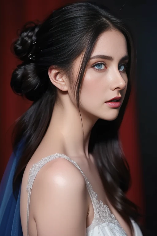 (Highest quality,4K,8K,High resolution,masterpiece:1.2),Super detailed,(Realistic,Realistic,Photorealistic:1.37),Beautiful and delicate blue eyes,long black hair in a high bun,detailed red veil,Portraiture,Sharp focus,Professional,Vibrant colors,Dark Background,Studio Lighting