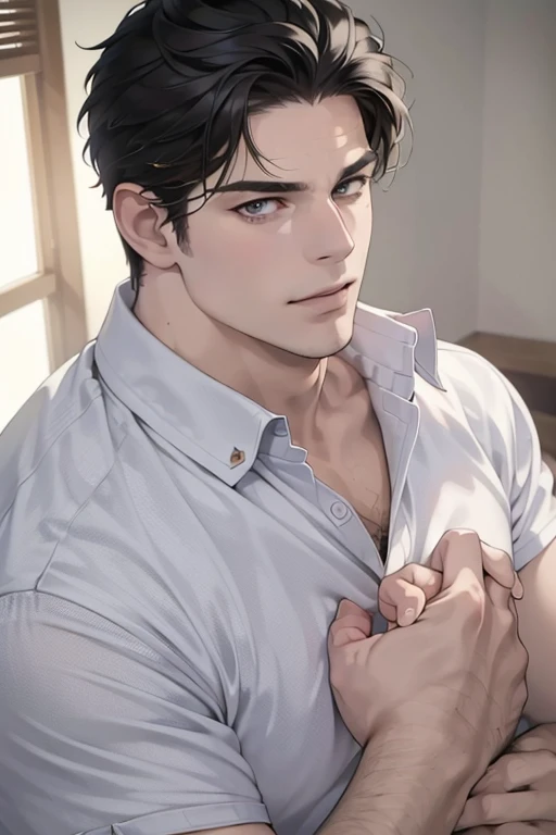 ((the best quality)), ((Masterpiece)), (details), perfect face, high definition, Masterpiece,4k,details clearly, Handsome face, white skin, perfect body, male body, strong muscles, abdomen, blue eyes, white skin, The most handsome man in the world, handsome, The coolest face, Male characters, close image (1man, shirtless), young man, mischievous smile, Extremely muscular tall man, open your eyes ((detailed eyes)), huge, muscular body and Massive, bulging pecs, muscular abs, narrow waist, short hair, blue eyes, delicate big eyes, carefree expression, Clear face, handsome (detailed face, perfect face) ((extremely realistic shadows, bodybuilding posture, human, ((22-year-old young man)), V shape, Slacks pants, Shirtless, lower pants, topless, hair moved by the wind, belt, close image (1man, shirtless, ripped muscles, room office, Bright light, Open shirt, oversize shirt, hem of the shirt, Unbutton your shirt, Thin shirt, show your chest, Red shirt, shirt moved by the wind
