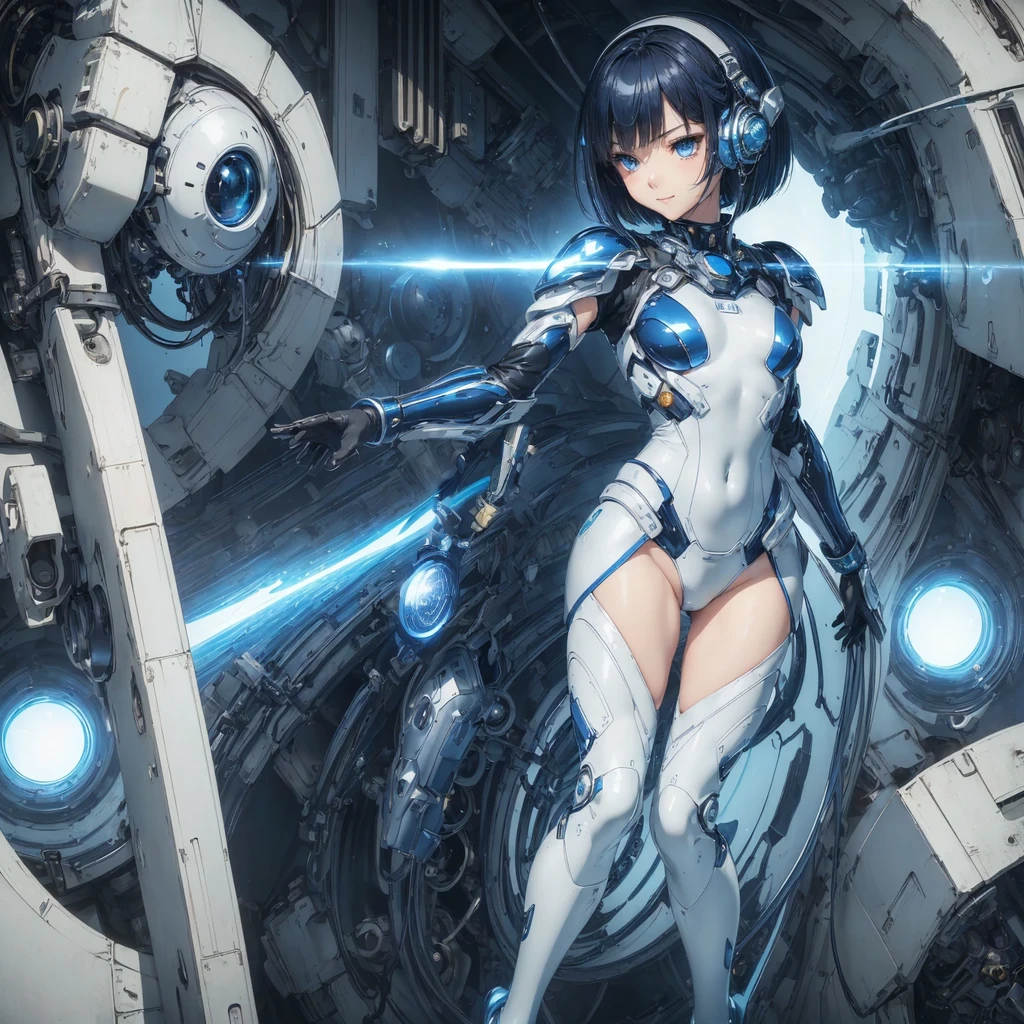 (masterpiece、highest quality、Highest Resolution、Clear_image、Detailed details、Angle from above): (Whole body、One 20 year old girl、Japanese Faces、Small Face、Slender、Navy blue super short bob cut hair、(Hidden small breasts:1.3)、Sparkling blue eyes、Shiny pilot suit in blue and black colors、Chest protection armor、Tight fitting clothes、Clothing that covers the whole body、Glamorous clothes、Tight Fit Pants、Hide your skin、Very delicate and beautiful、Detailed Skin、hide thighs、Hide your ass、Cute、A gentle smile、Soft expression、heroine、headset、Knee-high boots、Elbow-length gloves、Eye Level Shot、Face directly、Woman on a spaceship)