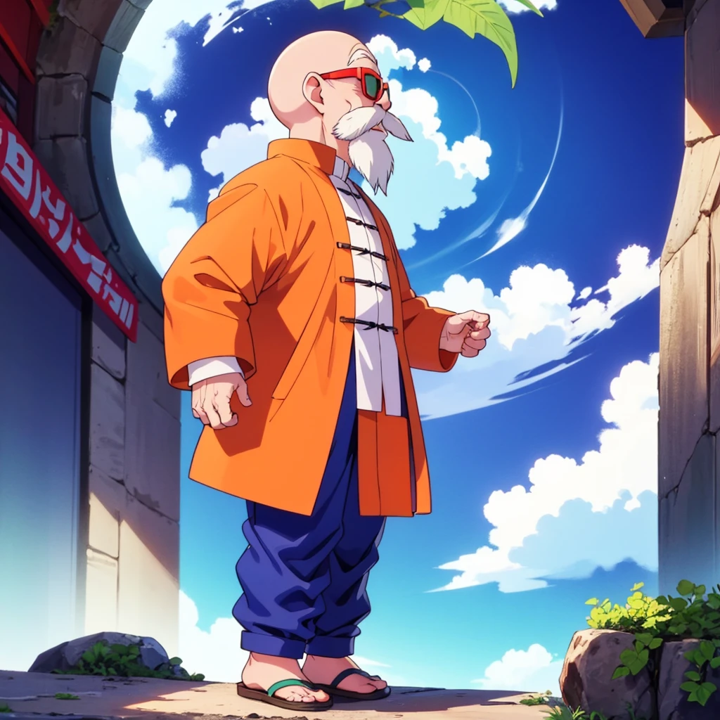 muten roushi standing on a cloud,.muten roushi,old man, black eyes,bald, facial hair, beard, mustache, white hair, chinese clothes, orange jacket, blue pants, sunglasses, red-framed eyewear, green-tinted eyewear,full body..Three-quarter side view