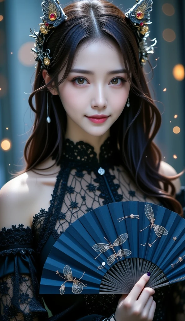 Elegant and mysterious East-Asian woman, holding a dark blue fan with intricate dragonfly patterns, wearing a gothic embroidered lace dress with intricate details, adorned with a gothic-style golden hairpiece featuring red sapphires, deep blue eyes gazing softly, long wavy black hair flowing gracefully, dramatic and ethereal lighting, soft snow-like particles falling around, enchanting and quiet atmosphere, fantasy-inspired setting, ultra-detailed textures, glowing accents, elegant pose, photorealistic and magical style.