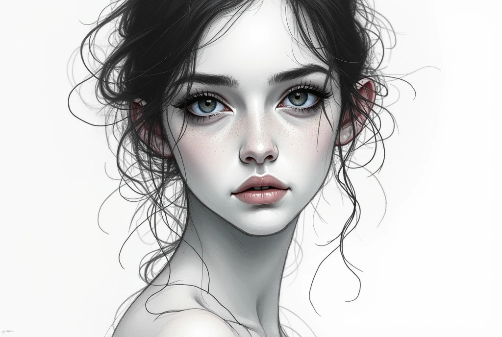 ((retrato: 1girl))estilo pixar, Somber, Negativo, torcido, weird, (ojos grandes), mirada triste, (((desnuda))), Pero Tim Burton