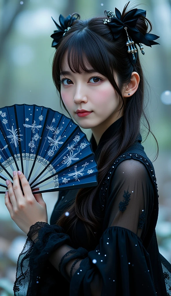 Elegant and mysterious East-Asian woman, holding a dark blue fan with intricate dragonfly patterns, wearing a black outfit with delicate details, adorned with a dark ribbon and intricate hair accessories with dangling beads, deep blue eyes gazing softly, long wavy black hair, dramatic and ethereal lighting, soft snow-like particles falling around, enchanting and quiet atmosphere, fantasy-inspired setting, ultra-detailed textures, glowing accents, elegant pose, photorealistic and in style of magical realism.