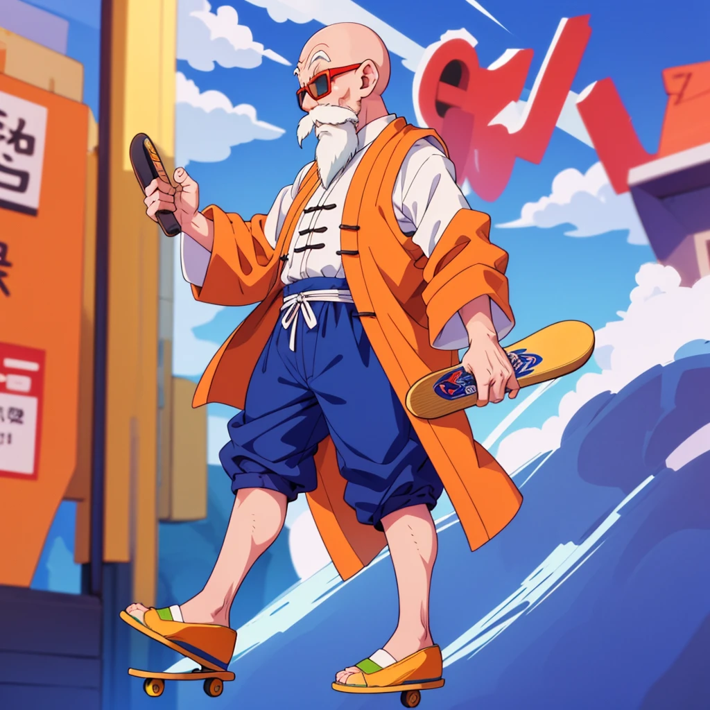 muten roushi,  ​​wearing an orange vest and blue shorts, stands on a skateboard.old man, black eyes,bald, facial hair, beard, mustache, white hair, chinese clothes, orange jacket, blue pants, sunglasses, red-framed eyewear, green-tinted eyewear,full body.Three-quarter side view