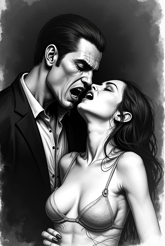 a black and white line art image of A male vampire biting the neck of a beautiful woman