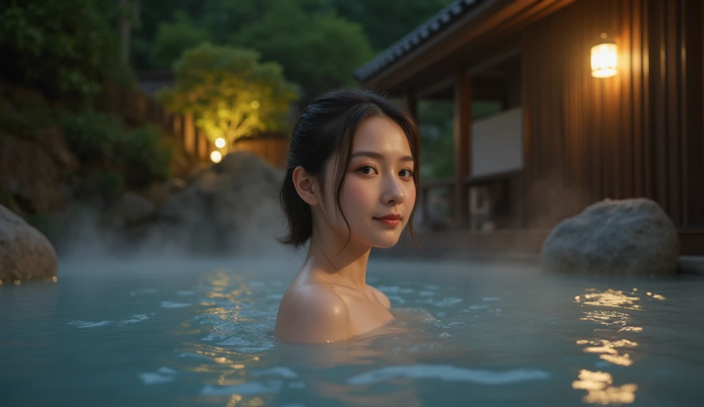 (night:1.7), oriental architecture, 1 woman, ((hot spring, onsen:1.4)), moist skin, ((fog:2.0)), (steam rising:1.8), glowing skin, glossy skin, ((partially submerged in hot spring:1.4)), a small white towel loosely covering the body. , perfect eyes,perfect face,（smile：0.1），official artwork，Very detailed CG Unity 8k wallpaper、bright_front_face_lighting，（tmasterpiece:1.0），(best_quality :1.0),ultra high resolution,4k,detailed detail,high resolution of,8k,nffsw,high resolution,absurderes:1.2,kodak portra 400,film grain,lens flare glow,（beautiful_face:1.4），8k,raw footage,(outdoor bath drawn wider:1.4) ,(wet hair:1.3),((beautifully depicts depth and width:1.3)),((The outdoor bath is surrounded by a Japanese garden and large rocks, with only two small lights.:1.3)), ((smooth white skin: 1.3)),