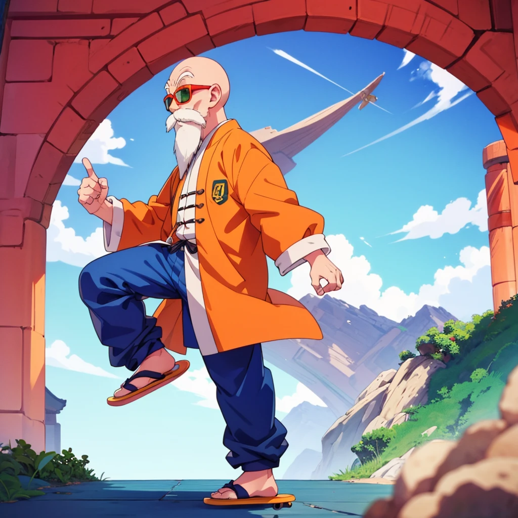 muten roushi,  stands on a skateboard.old man, black eyes,bald, facial hair, beard, mustache, white hair, chinese clothes, orange jacket, blue pants, sunglasses, red-framed eyewear, green-tinted eyewear,full body.Three-quarter side view