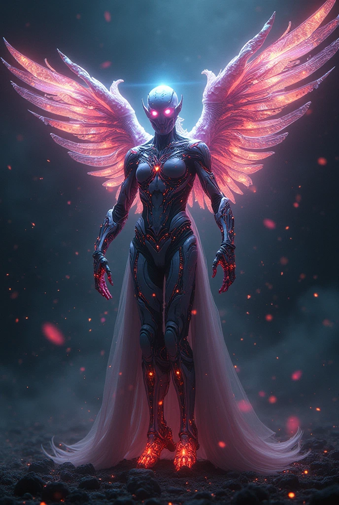 Cosmic Fallen Angel, glowing light eyes, Biomechanical, eerie, Creepy, nightmarish, Very bright colors, Light particles, with light glowing, Mshiff, wallpaper art, UHD wallpaper,8k hyperrealistic resolution