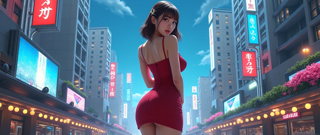 masterpiece, best quality, shadows, dynamic angle, front view, perfect hands, perfect legs, perfect anatomy, pretty face, mature features, 1 girl, 21 years old, mature woman, sexy red dress, city night background, white long hair, thighs, ass, breast, seductive, spicy, posing, cinematography lights,
