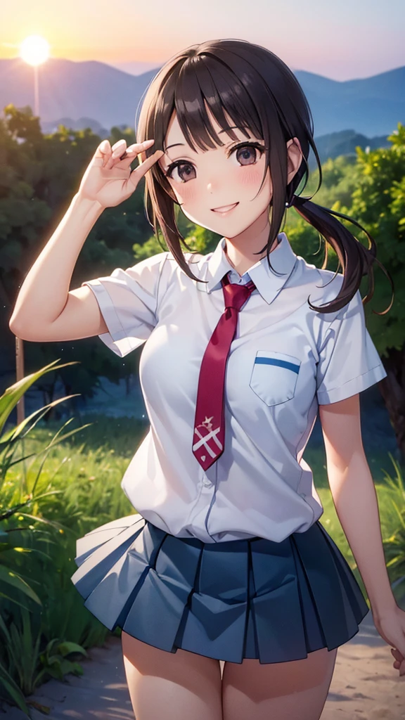 (16k, ultra high resolution with forest background, best quality,masterpiece, very detailed, Extremely Clear ),okitasawa, Rose Tail, white shirt, Short sleeve,  red tie ,  blue skirt ,  Anatomically Correct Body  , looking at the camera, perfect eyes, very detailed顔の特徴,  beautiful and perfect face:, ((Happy smiling face:1.3)),Sunset sky,夕方の夏のsea岸,(( Upper Body Shots  :1.3)),sea, sandy beach, looking at the camera, frontal angle ,A strong wind is blowing,The setting sun