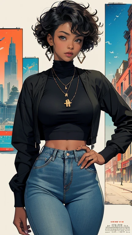 1girl, in bathroom, punk style, mullet-cut, ebony skin, awesome characegyptian girl, long jeans, long tshirt. Perfect eyes , amusement park