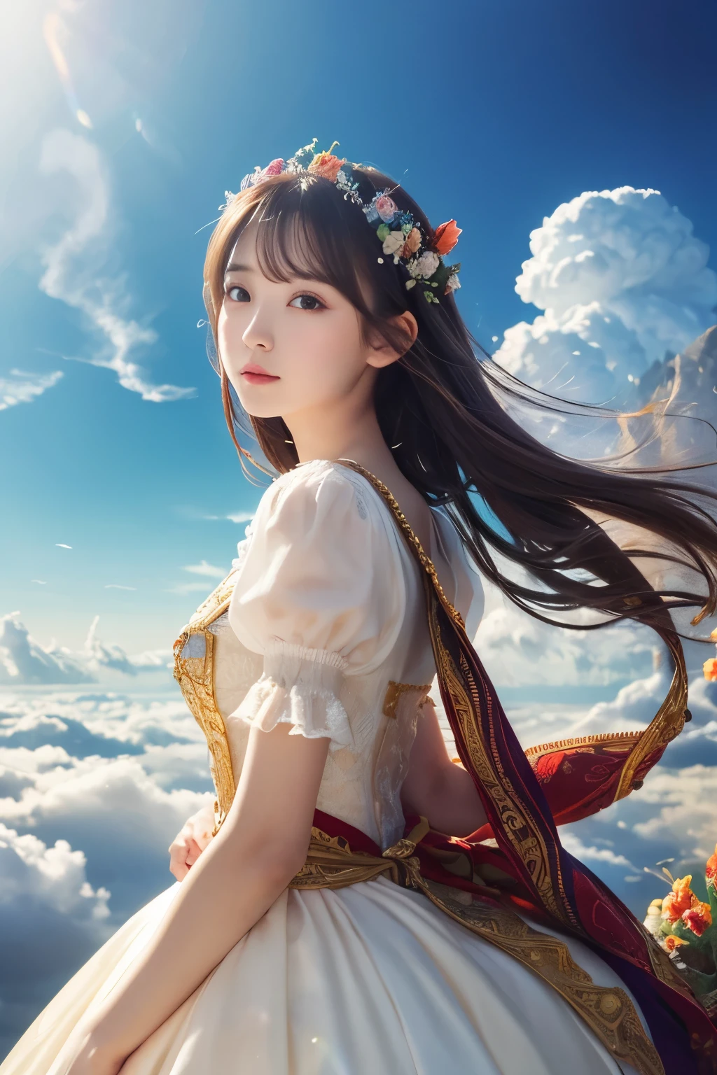 Vast background photo, cowboy shot, super detail of concept art, 38 year old beauty, singing with both eyes closed, singing passionately, cinematic, monastic dress, insanely detailed, sharp focus, night, vast background, lots of flowers dancing, water, lake, nebula