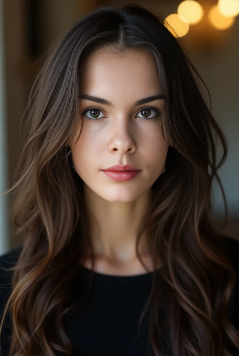 realistic headshot of a young brunette women with layered long hair and hazel eyes