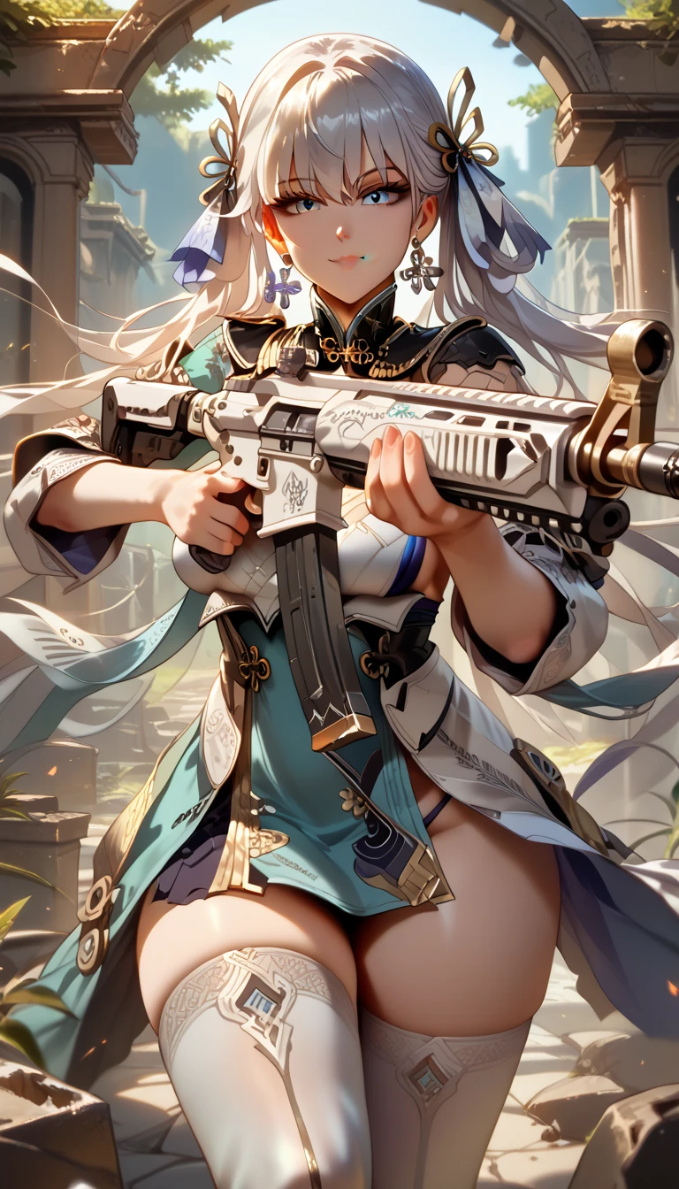 ultra-detailed, 1girl, JinshiWW, ((masterpiece)), (best quality), (highres), 16K, perfect face, long hair, hair ornament, black rings, bangs, hair between eyes, chinese clothes, two-tone dress, white thighhighs, black thong, busty body, large breasts and a beautiful ass, showcasing cleavage, legs, hips, (holding assault rifle), looking at viewer, smile, detailed full body, ruins background