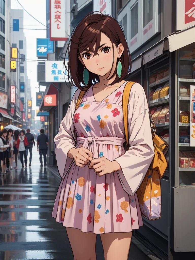 1teengirl, wearing a short colorful frock, at a japan city, brown short hair, Momo ayase hair style, brown eyes, 8k, high detailed, high quality, high accuracy, full body