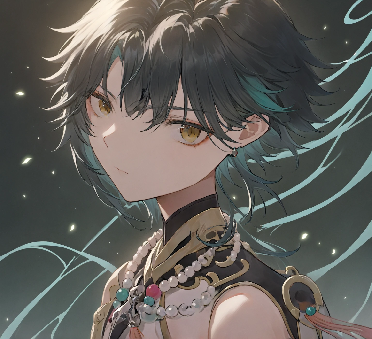 ultra-detailed,(best quality),((masterpiece)),(highres),original,extremely,(\xiao\),1boy,solo,jewelry,beads,bead necklace,ahoge,bangs,tassel,