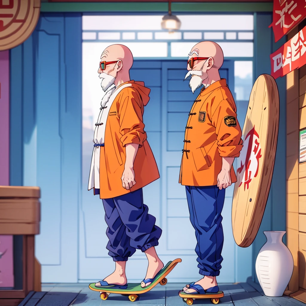 muten roushi,  stands on a skateboard.old man, black eyes,bald, facial hair, beard, mustache, white hair, chinese clothes, orange jacket, blue pants, sunglasses, red-framed eyewear, green-tinted eyewear,full body.Three-quarter side view