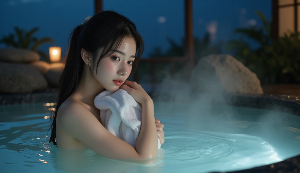 (night:1.7), oriental architecture, 1 woman, ((hot spring, onsen:1.4)), moist skin, ((fog:2.1)), (steam rising:1.8), glowing skin, glossy skin, ((partially submerged in hot spring:1.4)), Hold a white towel with your right hand close to your body. , perfect eyes,perfect face,（smile：0.3），official artwork，Very detailed CG Unity 8k wallpaper、bright_front_face_lighting，（tmasterpiece:1.0），(best_quality :1.0),ultra high resolution,4k,detailed detail,high resolution of,8k,nffsw,high resolution,absurderes:1.2,kodak portra 400,film grain,lens flare glow,（beautiful_face:1.4），8k,raw footage,(outdoor bath drawn wider:1.4) ,(wet hair:1.3),((beautifully depicts depth and width:1.3)),((The outdoor bath is surrounded by a Japanese garden and large rocks, with only two small lights.:1.3)), ((smooth white skin: 1.3)),