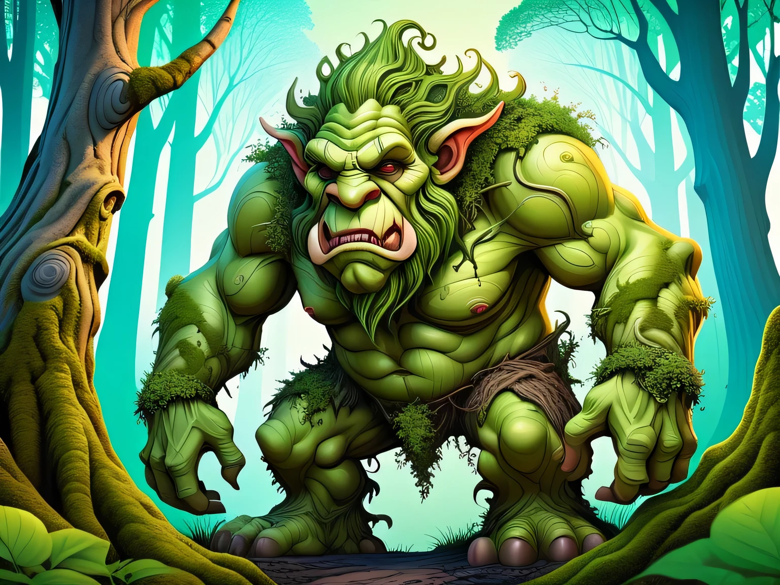 Aesthetics of vector graphics, surreal image of a large humpbacked forest troll with gnarled trees and bushes growing on its hump, the troll's hump is covered with moss and grass, vector graphics, high resolution, clear contours, multicolored gradients
