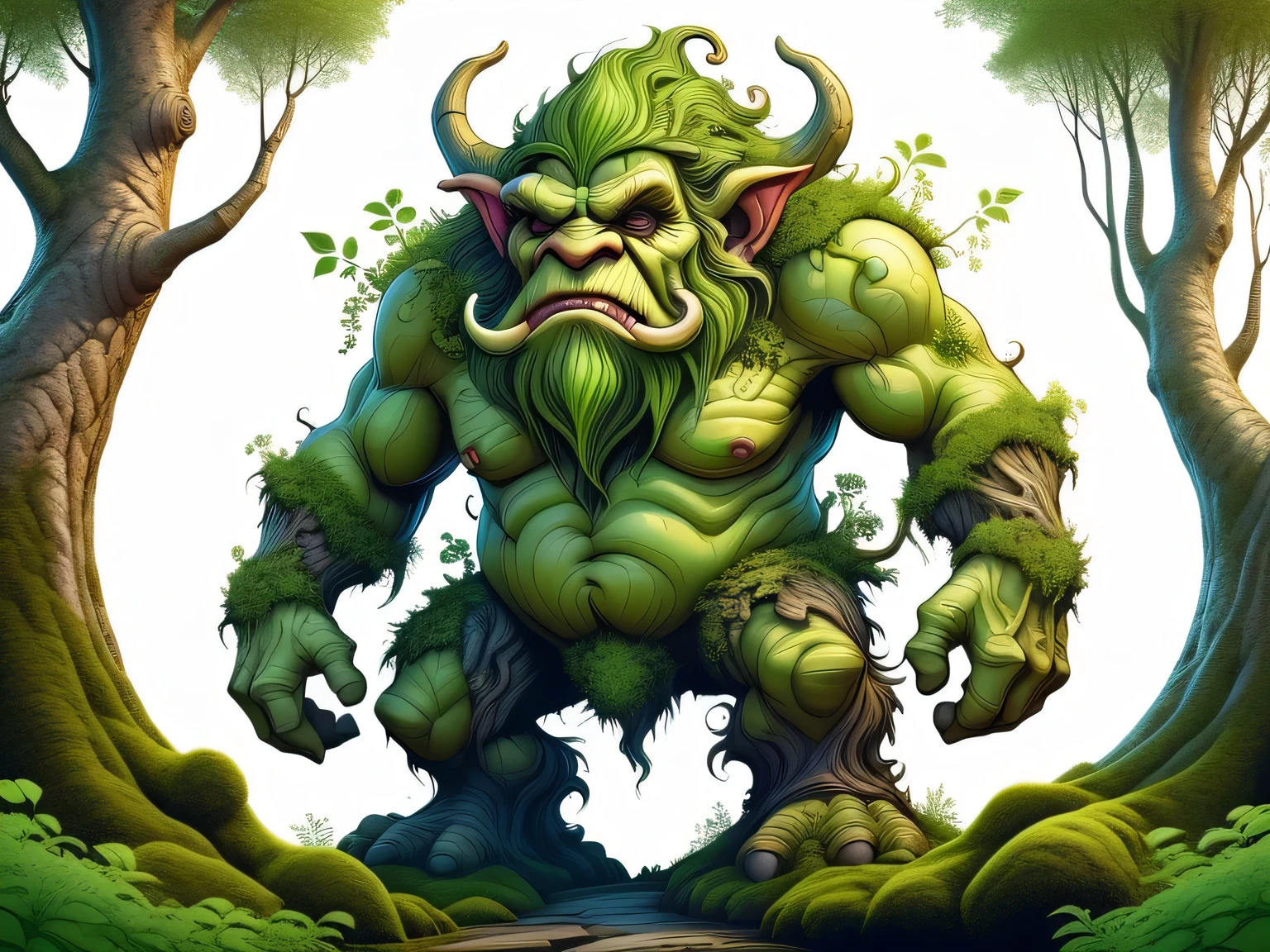 Aesthetics of vector graphics, surreal image of a large humpbacked forest troll with gnarled trees and bushes growing on its hump, the troll's hump is covered with moss and grass, vector graphics, high resolution, clear contours, multicolored gradients
