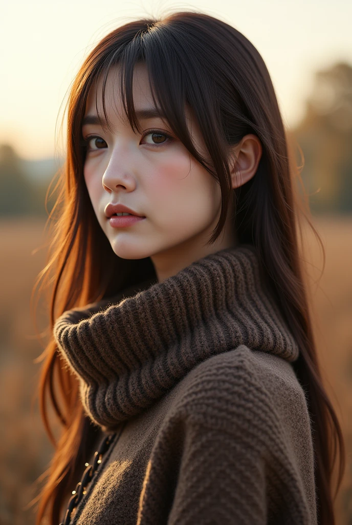 Hyperrealistic digital image of an extraordinarily beautiful  East-Asian slender woman with swept bangs ,posing with a melancholic air, wearing a thick Andora wool sweater and an autumnal scarf, her melancholic expression captured as her gaze is lost in the horizon. A masterpiece inspired by the styles of Volegov and Michael Garmash, radiating beauty and subtle sensuality. The atmosphere is peaceful and serene, evoking a connection with nature. Desaturated colors, fine airbrush art, coherent and naturalistic background, classy portraiture, intricate textures and exquisite detail, low light with two-tone lighting, warm autumnal lighting, evoking tranquility and grace.