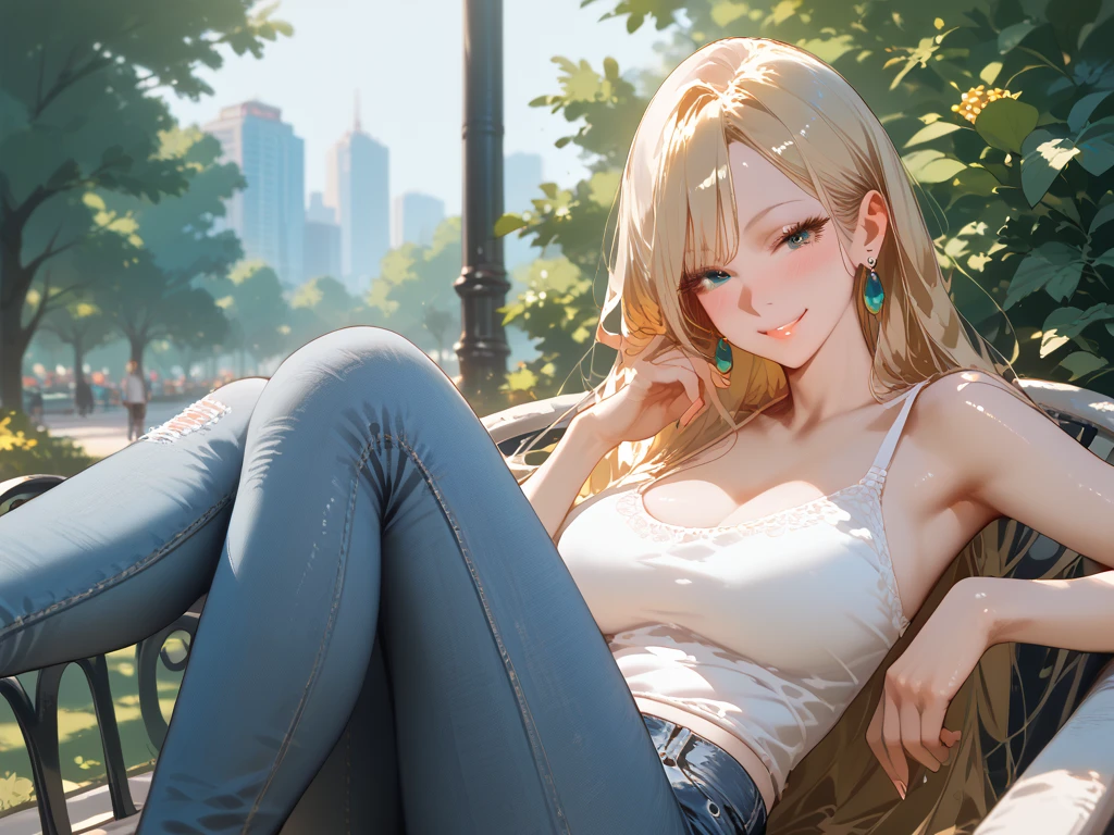 1girl, HD, Very Long Hair, Blonde Hair, Earrings, Blush, Seductive Smile, wearing white tank, jeans, sitting on park chair