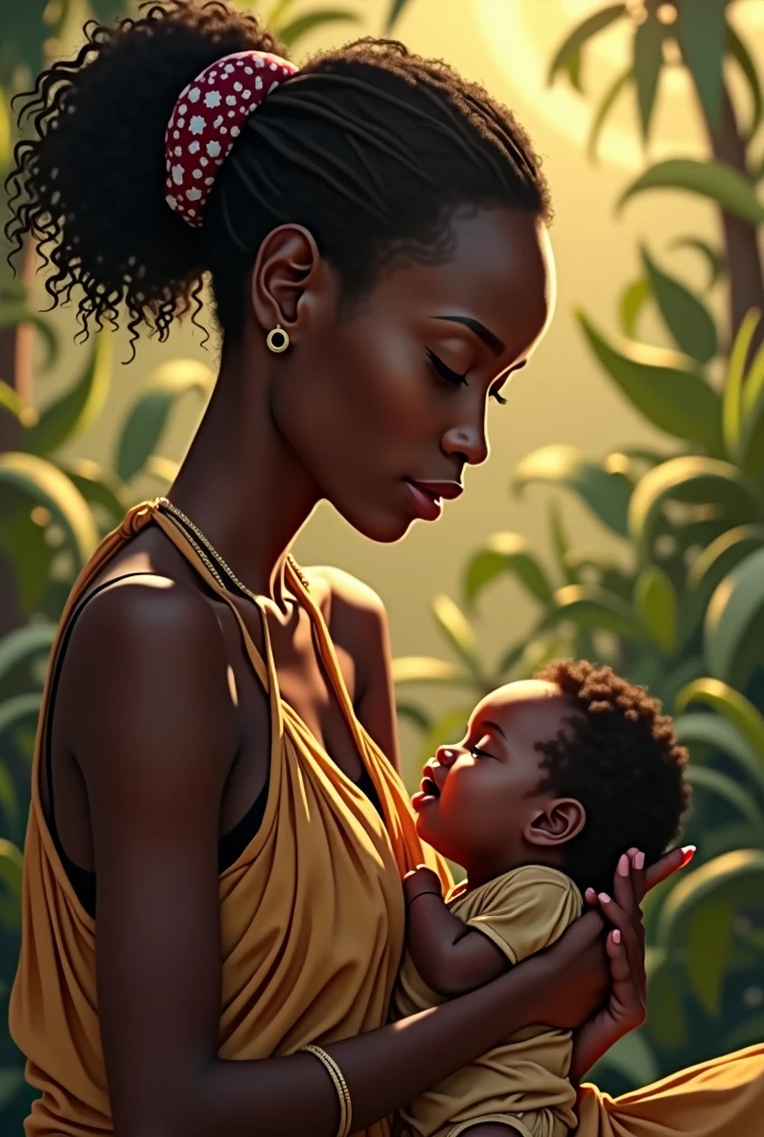 Tall, thin black woman with short curly hair
Holding a black baby in her arms 