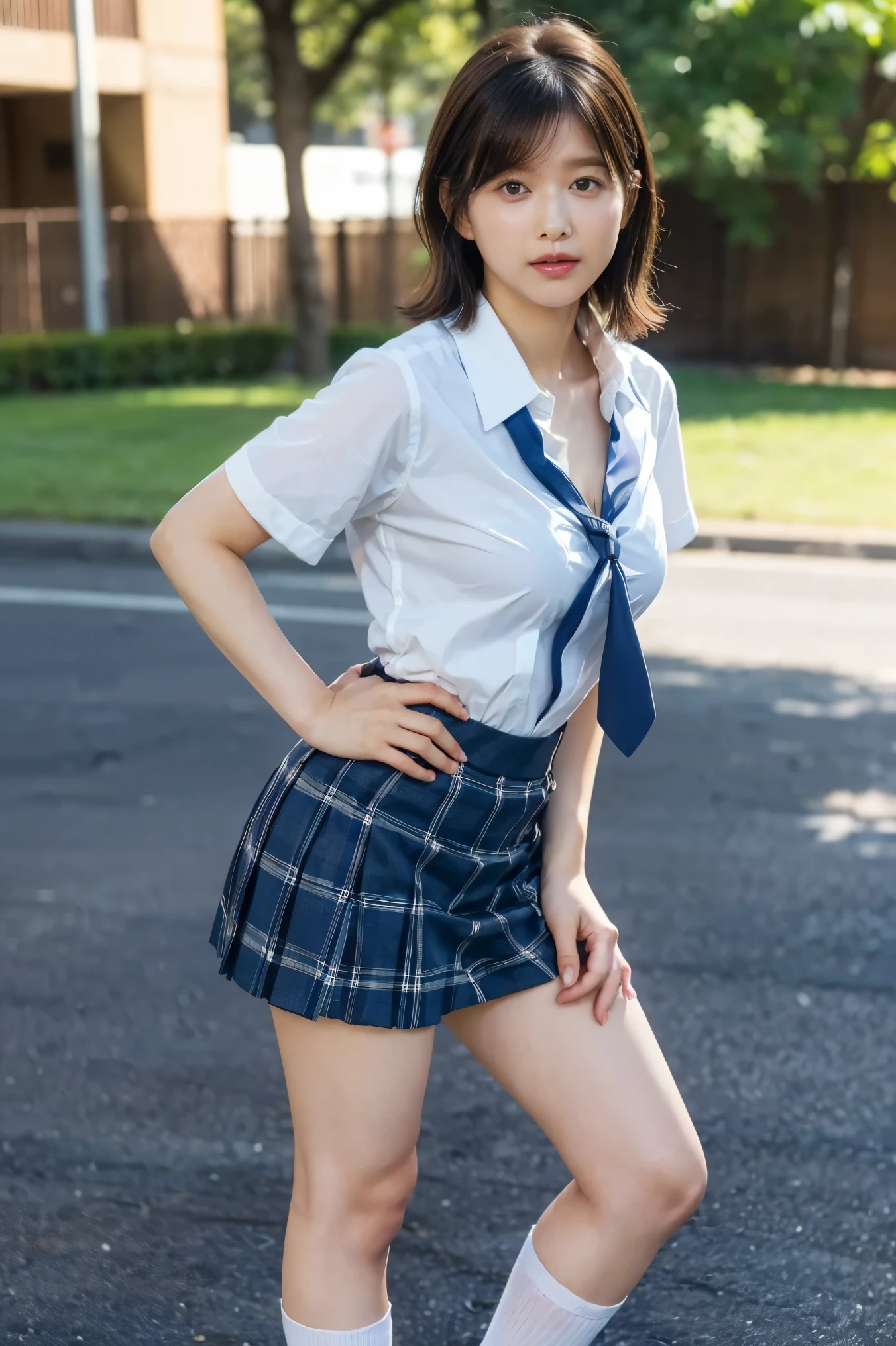 1 person、(8k、 RAW photos 、 best quality、 Max Image、 greatest masterpiece:1.2)、( real、 real)、1 person、( medium hair with dark brown hair、(((Y shirt with white collar 、 ties、Breast enlargement、 Blue Check Mini Short Skirt)))、 Shiny Skin 、Thin legs、(Loose fitting socks、 wearing loose socks:1,2)、 loafers in white、 Front View 、School grounds、( stand with hands on hips, standing:1,2))、 cute、 show me full body 、
