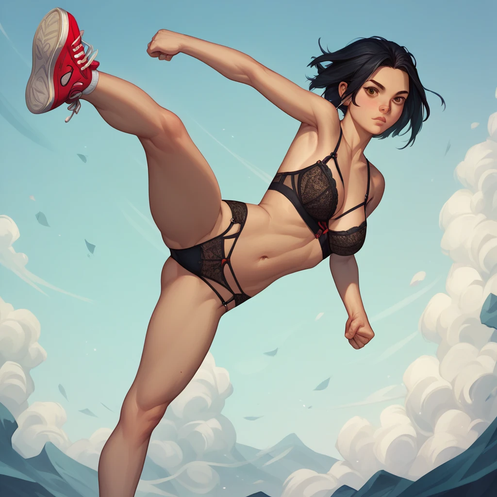 score_9, score_8_up, score_7_up, semirealistic girl kicking, standing, leg up, jade Chan, short black hair, solo, detailed brown eyes, looking at viewer, 1girl, lingerie, Sneakers 