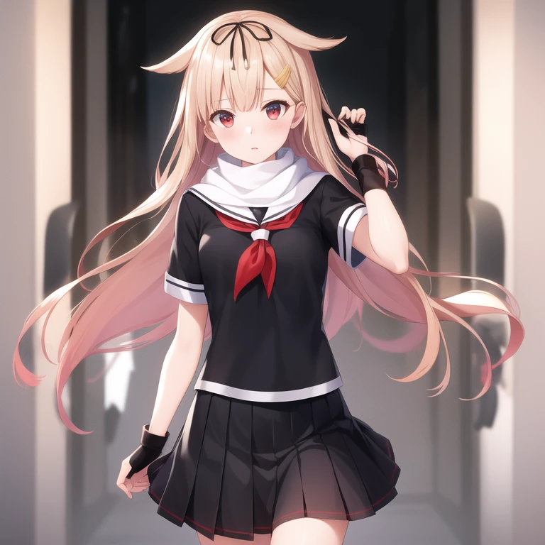 (masterpiece,  best quality:1.2),Illustration,8k, high definition , 1 girl ,Alone, blonde alone_hair,length_hair,ribbon,hair_ribbon,hair_ small hips ,hair_flap,hairclip,red_eye,black_ribbon,chest,black_ skirt,Fingerless_Gloves,Pleats_ skirt,scarf,School_uniform, skirt,black_Gloves,black_Seraph,red_ Neckerchief ,white_scarf,short_sleeve,