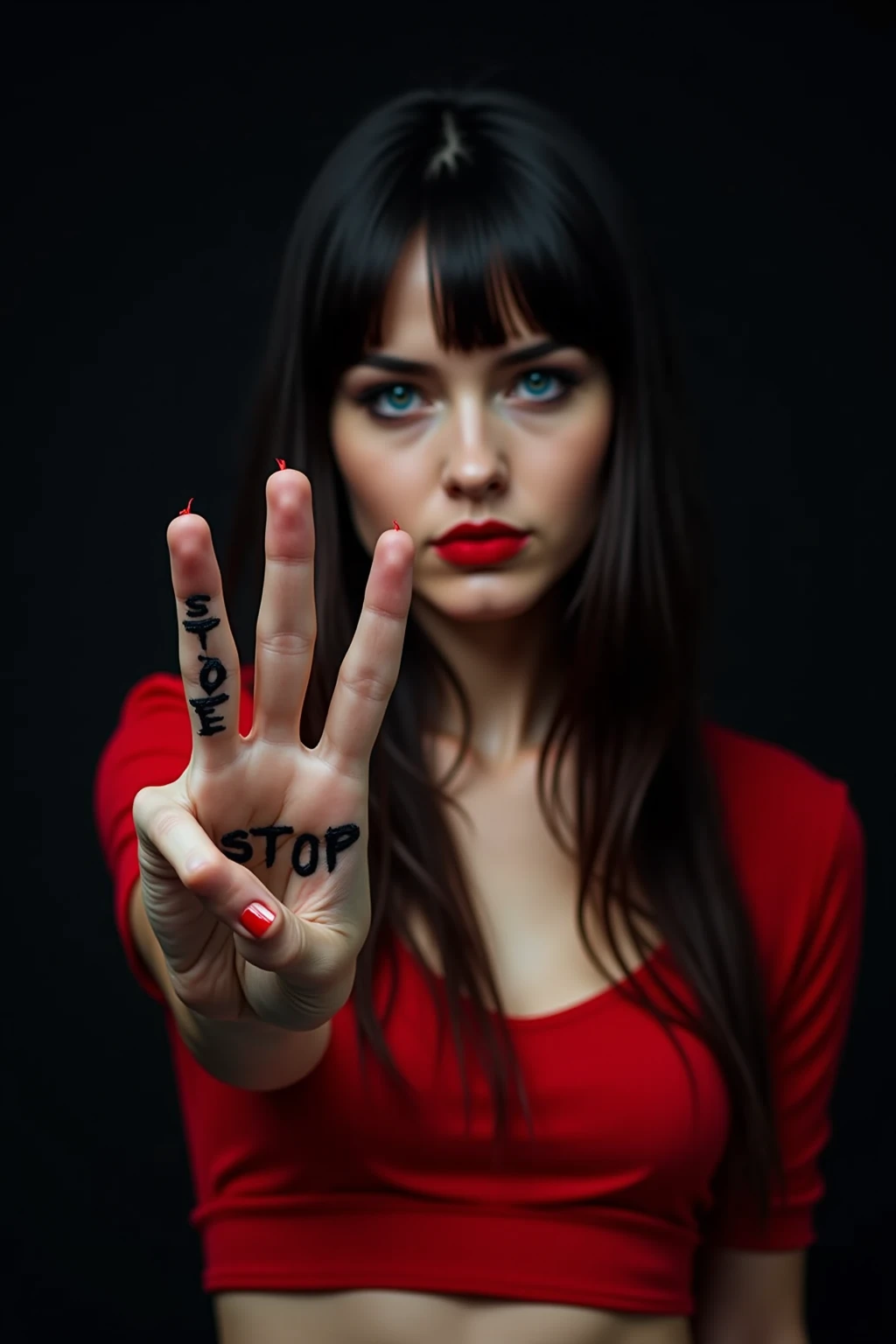 A close-up, high-resolution image of a woman from the waist up, raising her hand with a red "X" on the palm to the camera. Her face, framed by the shot, is tearful and bruised, with makeup running down her cheeks. The dark setting and intense lighting accentuate her suffering and powerful stance against abuse.