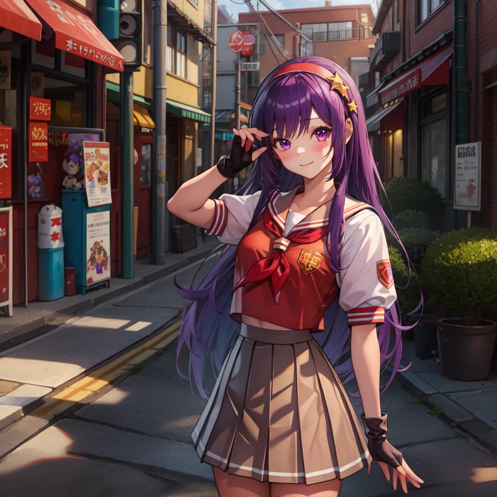 (masterpiece, best quality:1.2), intricate details, athena asamiya, 1girl, school uniform, fingerless gloves, hairband, long hair, serafuku, purple hair, purple eyes, star hair ornament, pleated skirt, tan skin, red skirt, red shirt