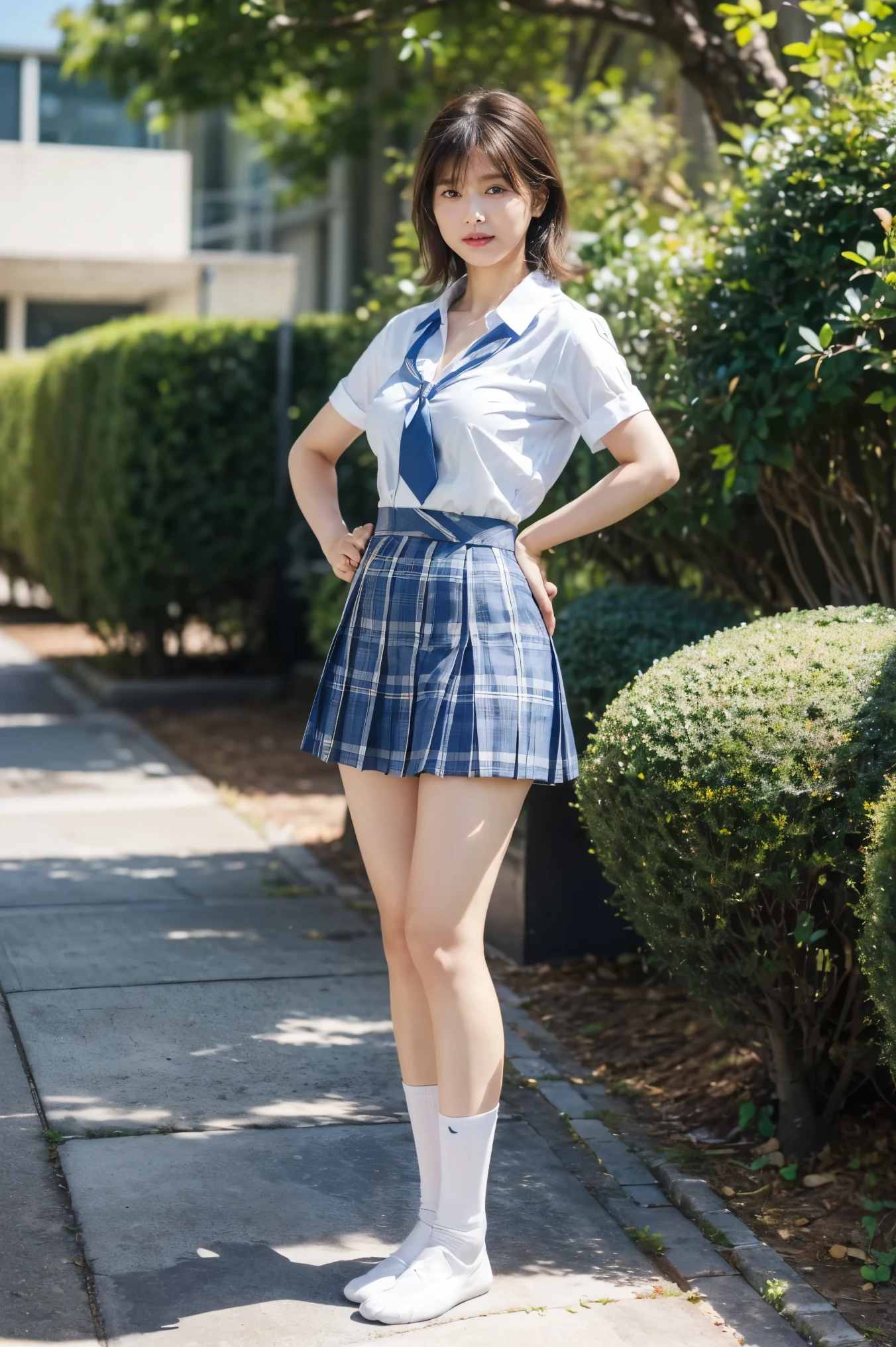 女の子1 person、(8k、 RAW photos 、 best quality、 Max Image、 greatest masterpiece:1.2)、( real、 real)、1 person、( medium hair with dark brown hair、(((Y shirt with white collar 、 ties、Breast enlargement、 Blue Check Mini Short Skirt)))、 Shiny Skin 、Thin legs、(Loose fitting socks、 wearing loose socks:1,2)、 loafers in white、 Front View 、School grounds、( stand with hands on hips, standing:1,2))、 cute、 show me full body 、 facing the front， watching viewers、
