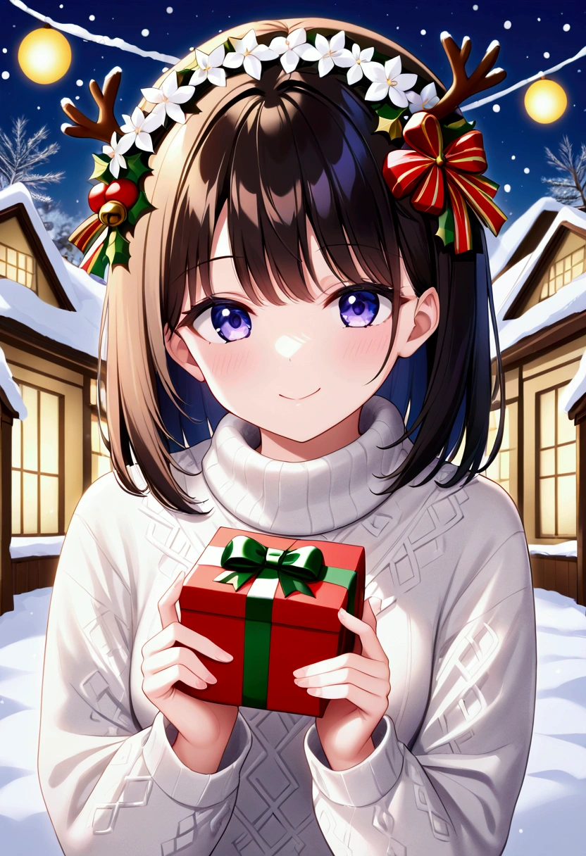 (Best Quality, 8k, masterpiece), winter picture, anime girl, New Year, Christmas, holding a garland, (happiness, smile) white sweater, New Year's atmosphere. snow, gifts