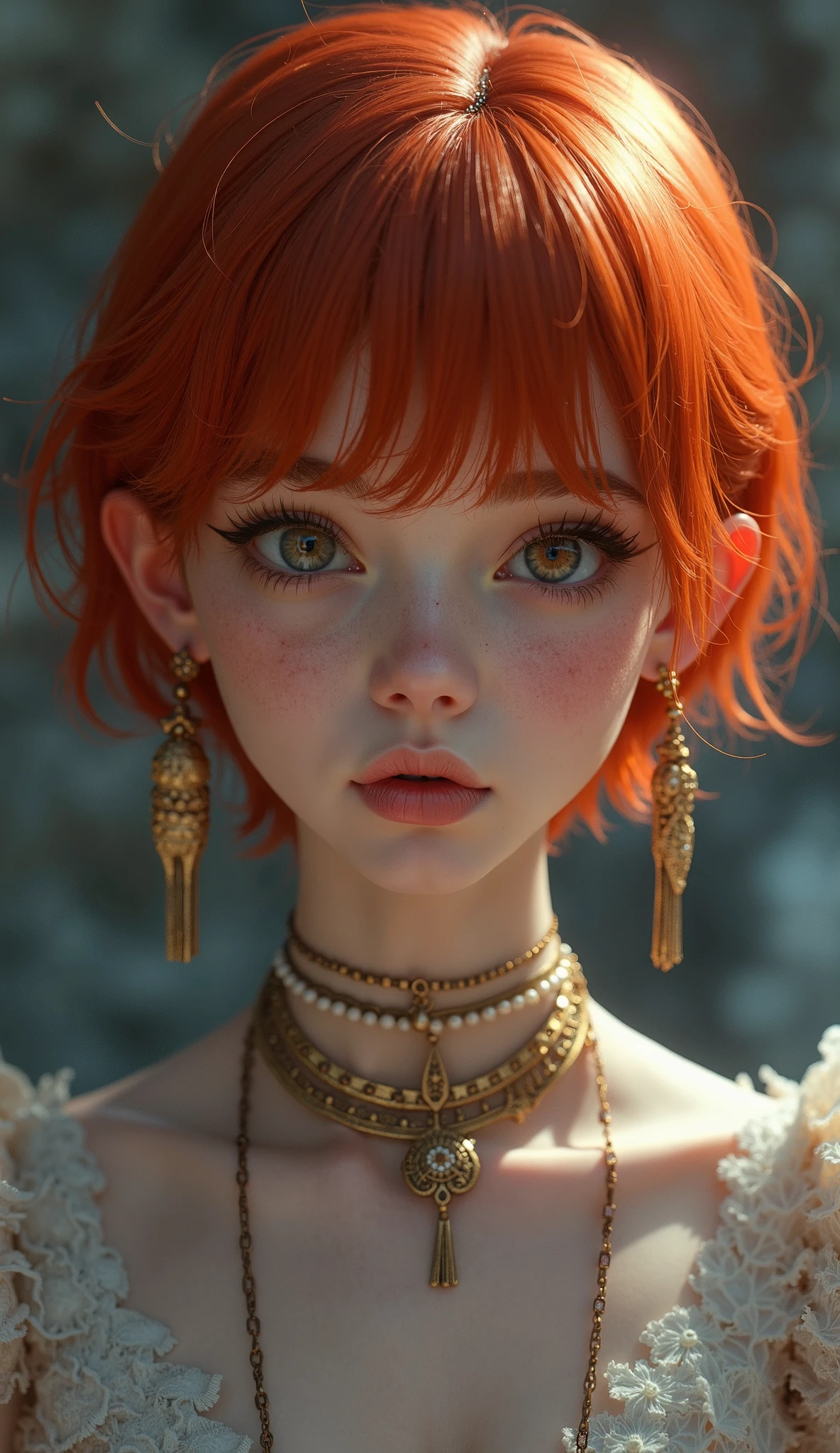 Young teenager, Nordic ethnicity, Chin-length bob hairstyle, dark ginger hair with a perfect face and small breasts, with freckles, Wearing a sexy silk French maid uniform, Stupid, full body shot, small breasts, tiny little body, .showing a lot of skin, with a black necklace ,but she has big tits.