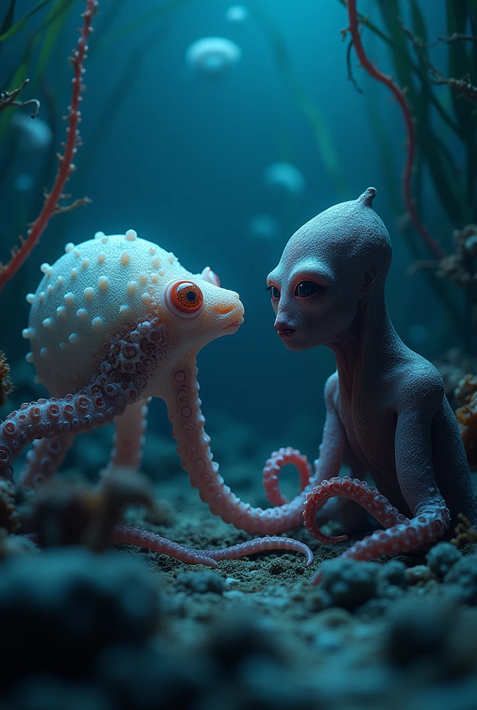 (extremadamente detallado, obra maestra, La mejor calidad), Estilo oscuro, intense illumination, rostro con arrugas, lengua larga, tentacle, deforme, monstruoso, interior de una piscina de agua verdosa, imagen submarina, alien con Colmillos finos, pico de pulpo amenazante. manchas de tinta. Rococo composition. Luz de caravaggio