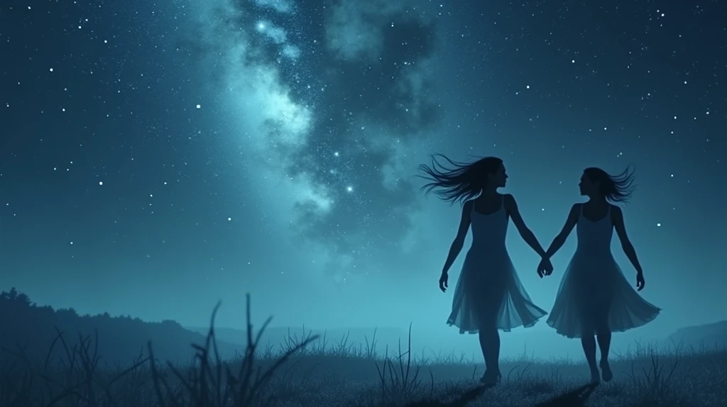 Section 2: "Stars and Shadows" (1:01 - 2:00)
Scene: Second Verse and First Chorus
Visuals: Transition to a close-up of the night sky, where stars begin to twinkle one by one. The camera slowly pans down to reveal an open field. Two female shadows are seen dancing gracefully, with no visible source for the shadows. Their movements are synchronized with the music, and they glide effortlessly across the ground. As the chorus begins, the shadows fade slightly, blending into the darkness, while the stars in the sky grow brighter.
Effects: Introduce slow-motion effects to capture the elegance of the dance. The shadows should appear soft and almost translucent, with the stars in the background twinkling more intensely as the music swells.
Prompt: "A night sky filled with twinkling stars, transitioning to an open field where two shadows dance gracefully, fading into the darkness as the stars grow brighter, all in a soft, dreamlike atmosphere."