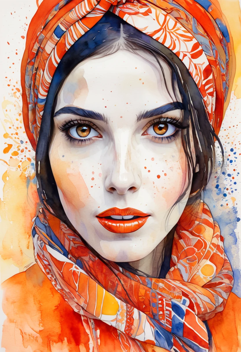 A watercolor wash illustration in an expressive style, capturing a striking portrait of a female face predominantly in shades of red, orange, and white. The woman has long, dark hair and is wearing a patterned headscarf. She is looking upwards with intense blue eyes. The background is a vibrant orange and yellow gradient. The artwork has loose, expressive brushstrokes and the overall mood is mysterious and captivating.