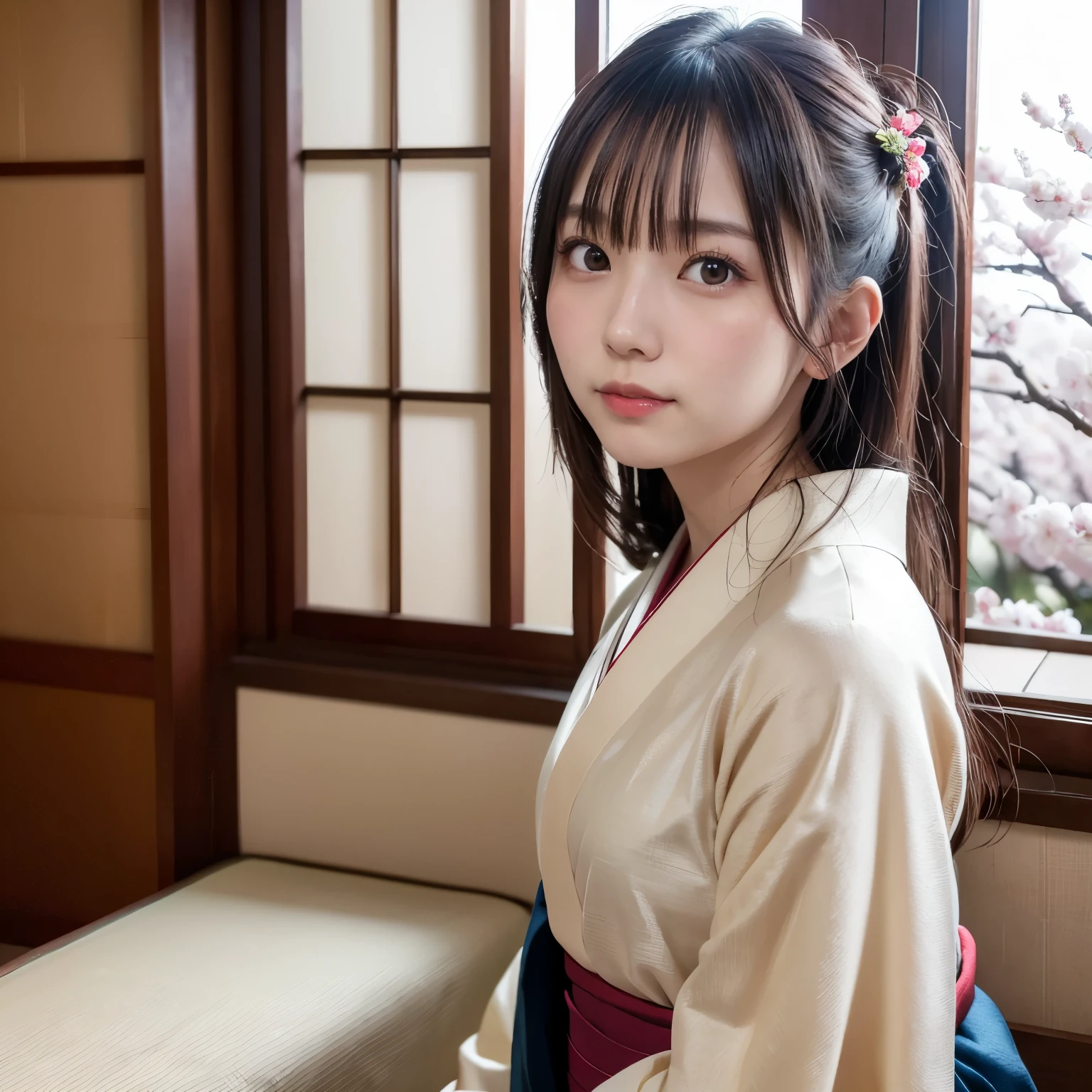 Photographically, Alone,  beautiful Japanese woman ,  traditional kimono in front of cherry blossoms , Natural appearance,  soft smile , Impressive Gaze,  traditional hairstyle in kimono , Japanese room at dusk, Sitting by the window ,  illuminated by the city lights, ( Attractive Poses), professional photographer,  Shallow Depth of Field ,  Backlight ,(((Upper body photo)))