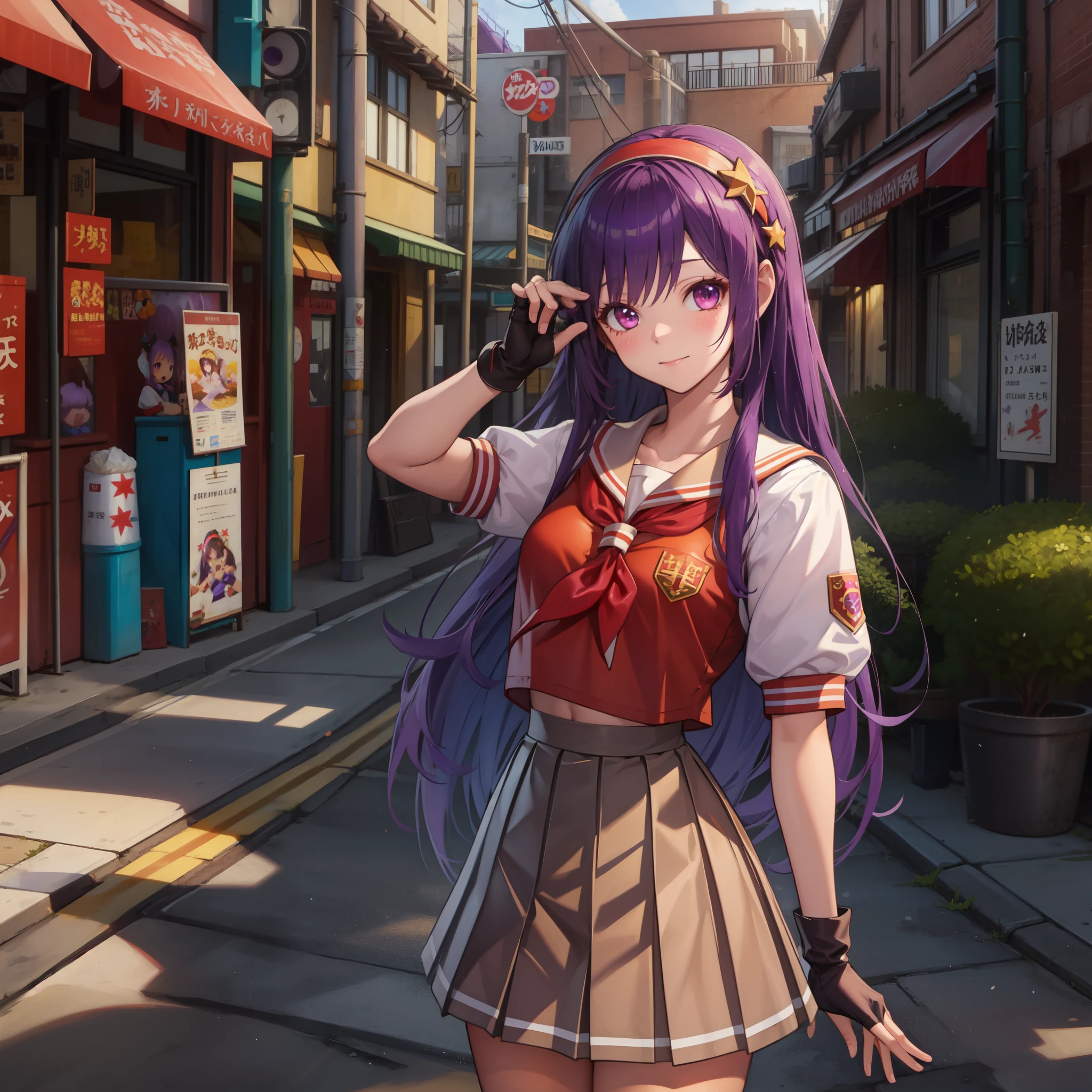 (masterpiece, best quality:1.2), intricate details, athena asamiya, 1girl, school uniform, fingerless gloves, hairband, long hair, serafuku, purple hair, purple eyes, star hair ornament, pleated skirt, tan skin, red skirt, red shirt