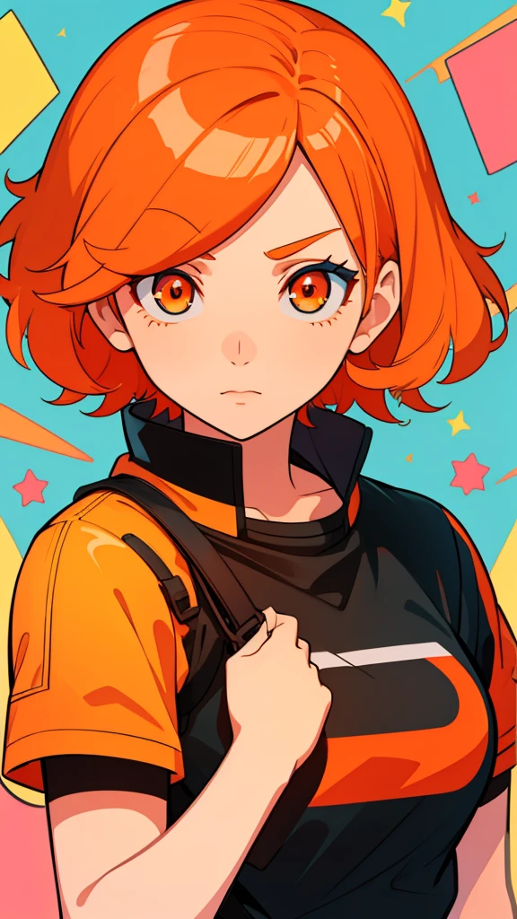 <lora:Tonami_Kanji_Style_Pony_XL:0.9>, score_9, score_8_up, score_7_up, source_anime,, solo, 1girl, red hair, orange eyes, amber eyes, tsurime, swept bangs, parted bangs, low twintails, short hair, medium hair, small breasts,, leggings, leather jacket, long shirt, combat boots, hoodie,