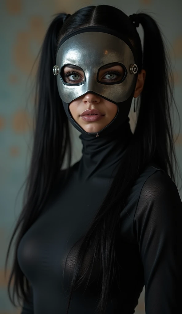 Full body photo, ​masterpiece　bionde　Long hair　Wrapped with silver tape　Mouth covered with silver tape　Dark torture chamber　
