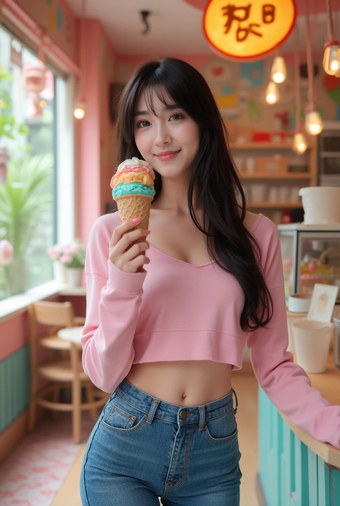 Hyperrealistic scene featuring an East-Asian slender model with long, silky black hair and soft, bangs, bright brown eyes, her face gentle, feminine, and elegant, with smooth, natural fair skin and subtle rosy undertones. She is standing confidently and elegantly inside a whimsical, colorful ice cream parlor named ‘Hans Gretel,’ holding a large ice cream cone with multiple vibrant scoops. The model wears tight jeans accentuating her long, shapely legs, paired with a slightly translucent sweatshirt subtly revealing her feminine curves. The playful decor of the ice cream shop is filled with vivid colors, joyful energy, and a bustling atmosphere. She is smiling happily, her expression radiating joy as she takes a bite of the ice cream. The style is inspired by Russ Mills, Michael Garmash, and Lilia Alvarado, focusing on ultra-detailed photorealism. Intricate fabric textures, realistic skin details with visible pores and a natural glow, cinematic video filter effects, and modern artistic realism combine to create a vibrant and captivating image